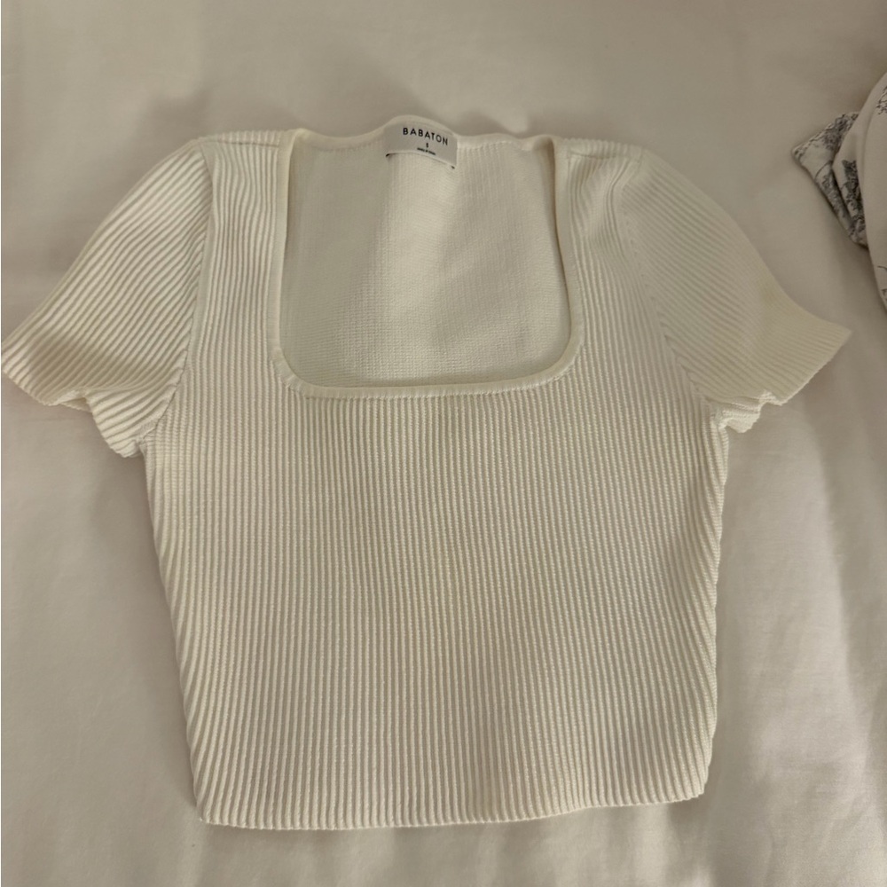 Aritzia Babaton White Ribbed Square Neck Crop Top